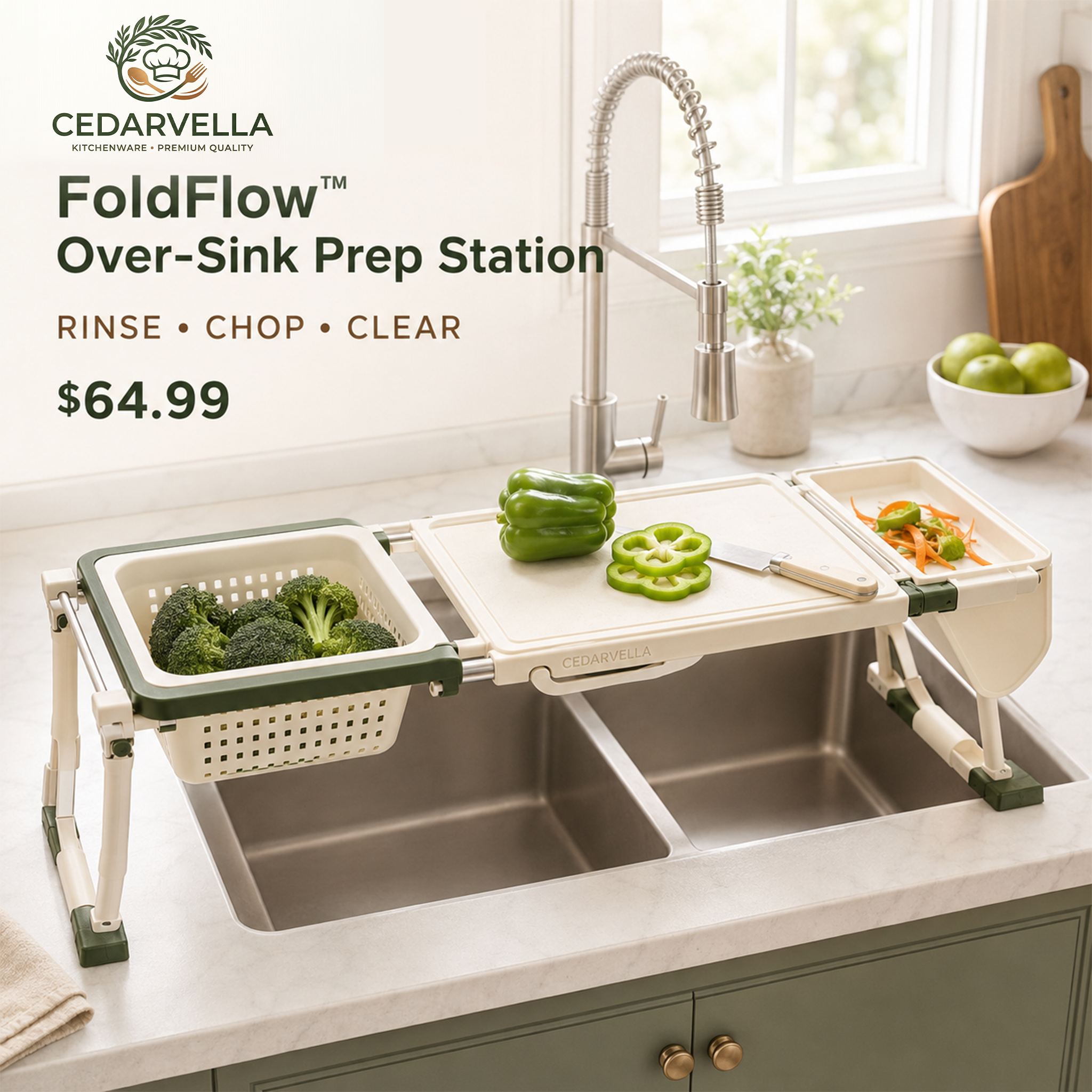 CedarVella™ FoldFlow™ Over-the-Sink Kitchen Prep Station